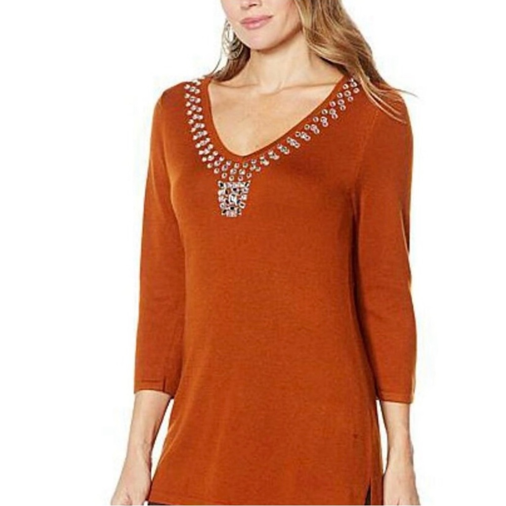 IMAN Jeweled Embellished "Touch of
Cashmere" Sweater Tunic, Brown